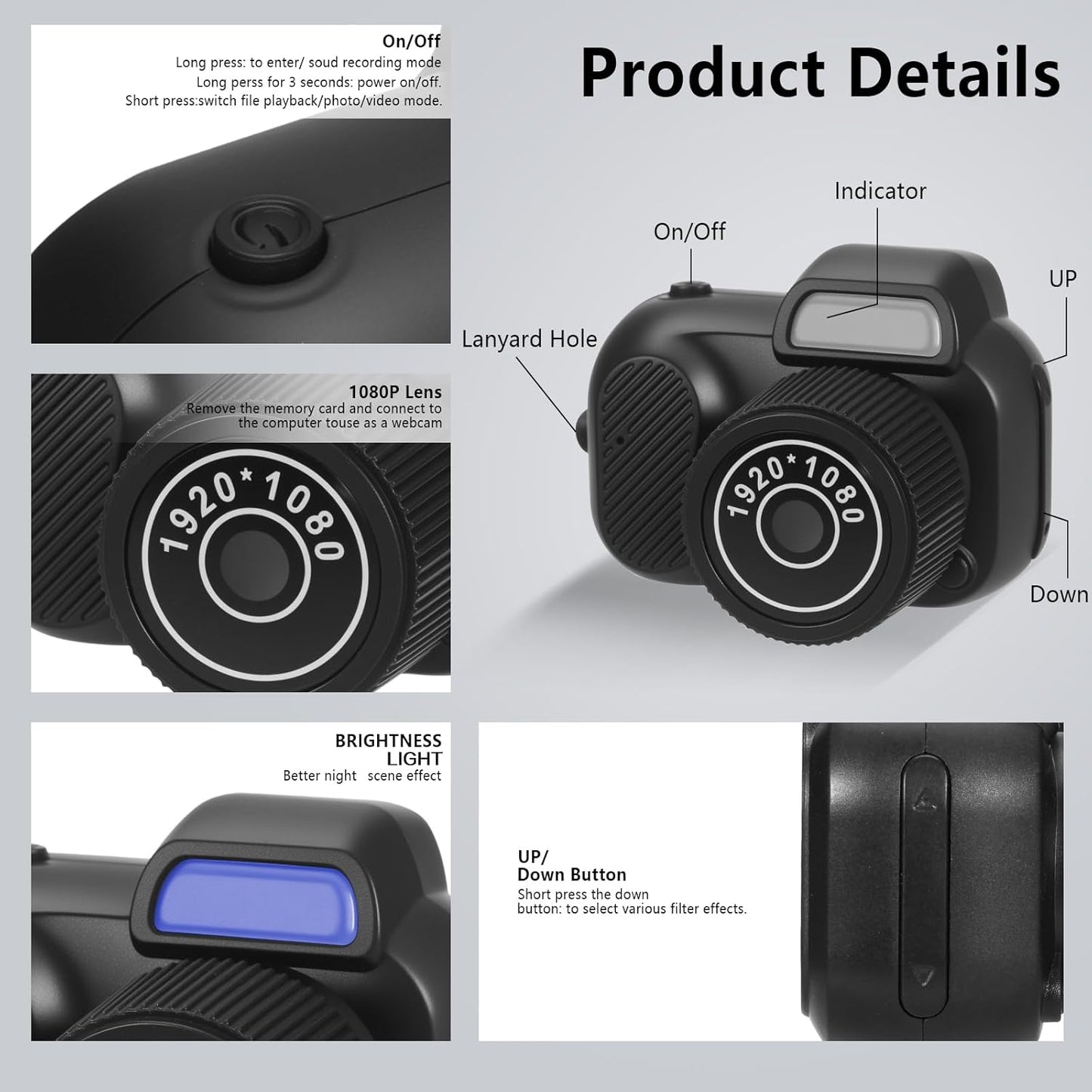1080P HD Retro Thumb Camera Wearable Portable Mini Keychain Camera for Outdoor Travel Photography VLOG
